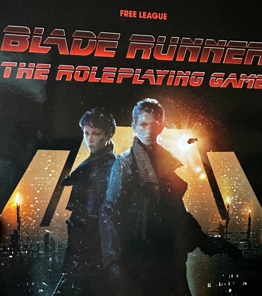 Two blade runners posing like neon noir heroes in front of a stylised Wallace Corp ziggurat beneath the title of the Blade Runner Role Playing Game.