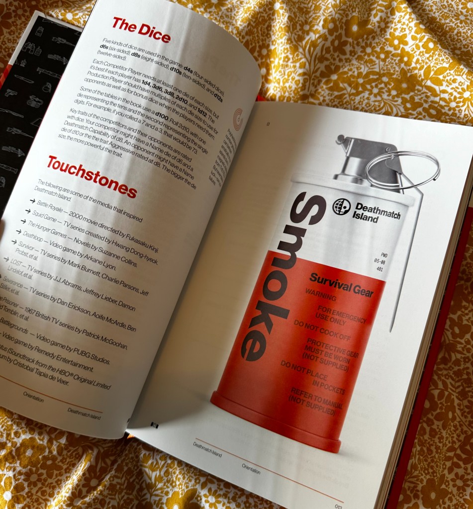 A photo of a two page spread from my copy of the Deathmatch Island core book.