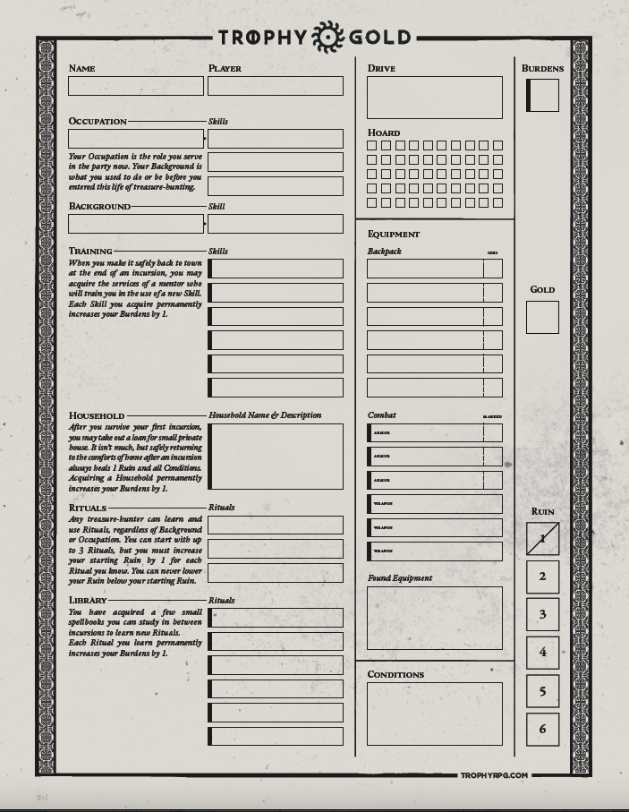 A blank Trophy Gold character sheet from Codex Gold magazine, 2019, The Gauntlet.