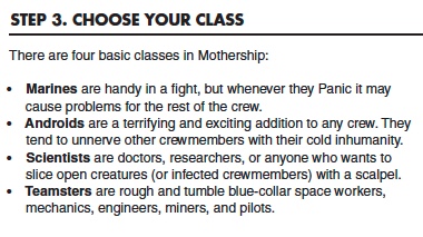 A screenshot of the "Step 3. Choose Your Class" table from the Mothership Player's Survival Guide. It shows the available classes, Marines, Androids, Scientists, Teamsters, and describes them.