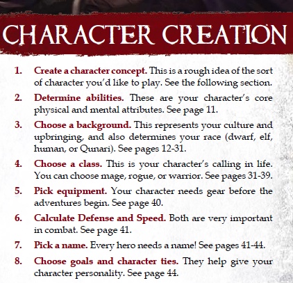 A screenshot of the Dragon Age Character Creation Steps table from the Daraon Age RPG core book. The table includes the 8 steps you need to complete to create a PC for the game.