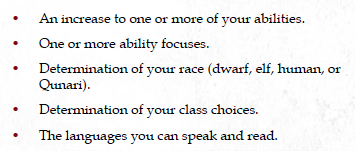 A screenshot of the list of features a PC's Background gives them in the Dragon Age RPG. These include ability score increses, ability focuses, race, class choices and languages.