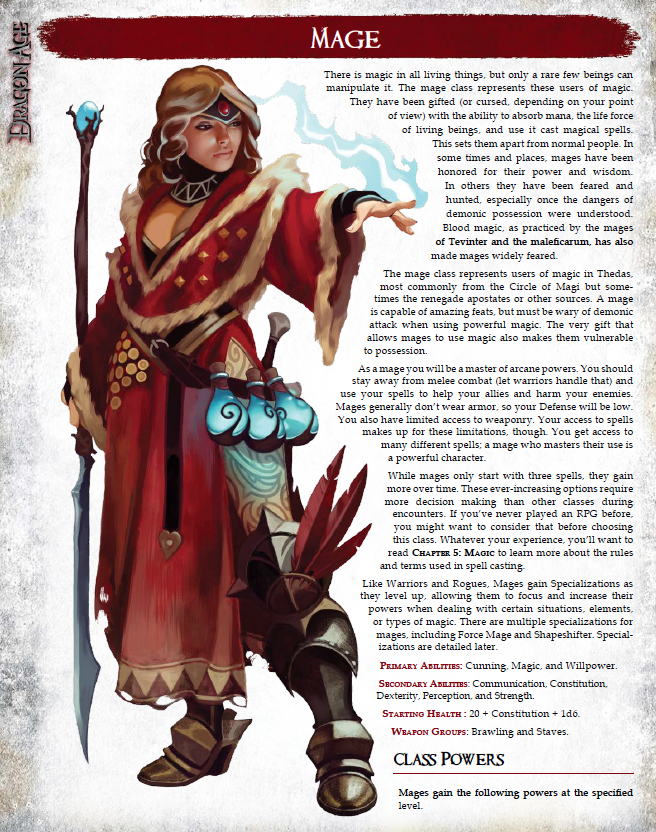 A screenshot of the page from the Dragon Age core book that describes the Mage class. It includes an illustration of a femme human in red robes with long blonde hair, a staff with a blue stone on top, three bluish potions at her hip and some magical enegy emanating from her outstretched fingertips.