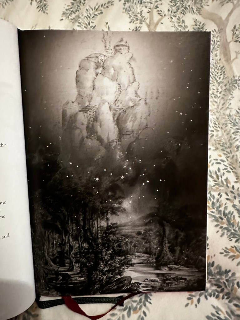 A photo of one of the black and white illustrations from Between the Skies. it depicts a forested land and a starry sky overwhelmed by a nebula of some sort.