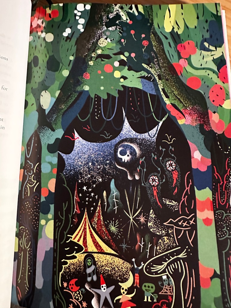 A full colour illustration from Between the Skies. The picture is of some strange characters, drawn in a deliberately childish style with funny hats heading towards some circus tents and away from a colourful bu threatening forest in the foreground.