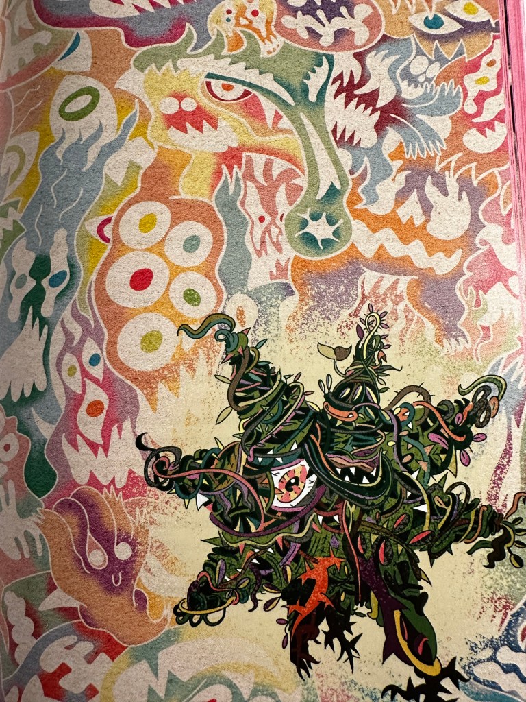 A full colour illustration from Between the Skies. It shows a star-shped being that seems to be made of an entaglement of vines and other plants floating through a multicoloured, psychadelic dreamscape.