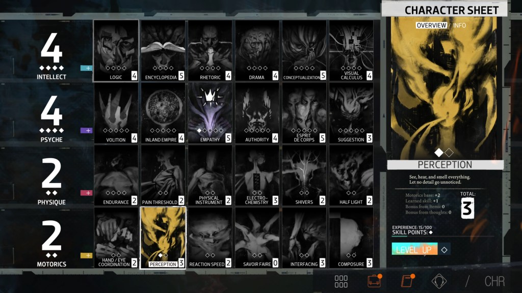 The Character Sheet screen from Disco Elysium. It shows each of the four main stats, Intellect, Psyche, Physique and Motorics and all of the skills that are associated with them in a grid on a black screen with white text.