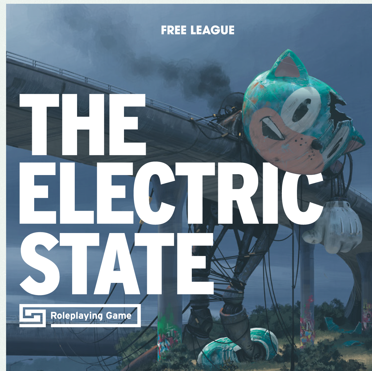 Large white block letters spell out the name of the book, THE ELECTRIC STATE. They are overlaid on top of an illustration of a huge cartoon-cat-headed robotic drone, damaged and smoking hanging over an overpass beneath a slate grey sky.