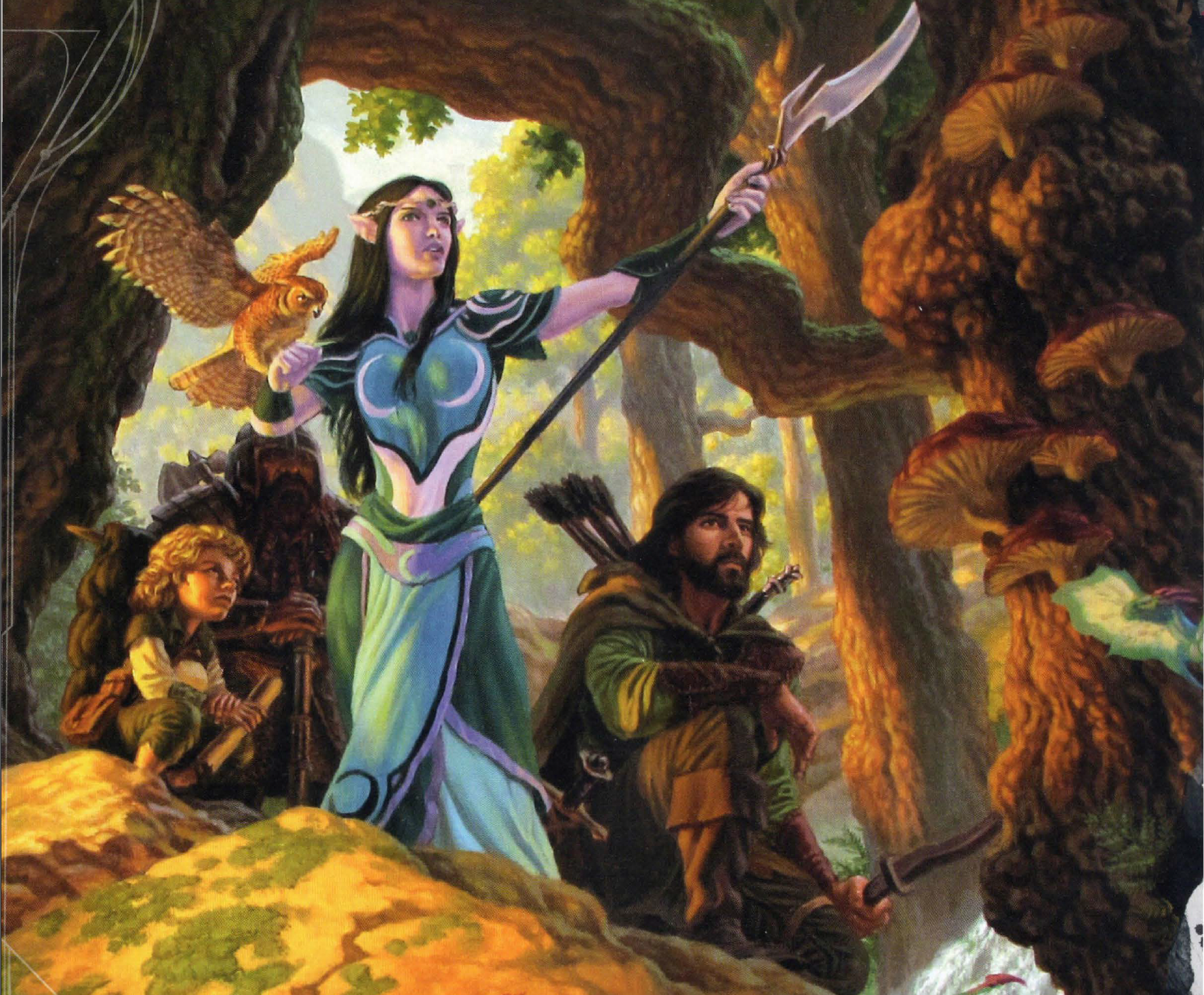 A halfling rogue, a femme elf druid and a masc human ranger in a forest presented at a slightly dutch angle.