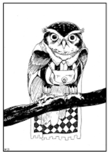 The black ink on white background drawing of an owl perched on a branch. The owl has a smadt, checkered cloak and a sporran-like satchel. The illustration is from the a supplement to the original edition of Troika!
