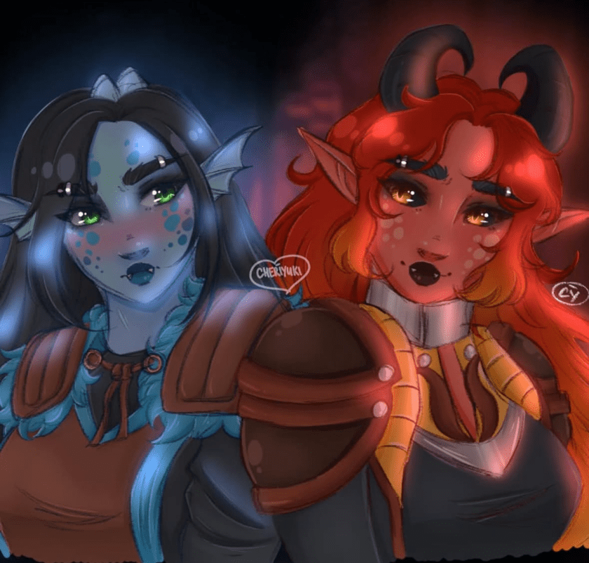 A femme tielfling in her two forms, one blue and aquatic, one red and demonic.