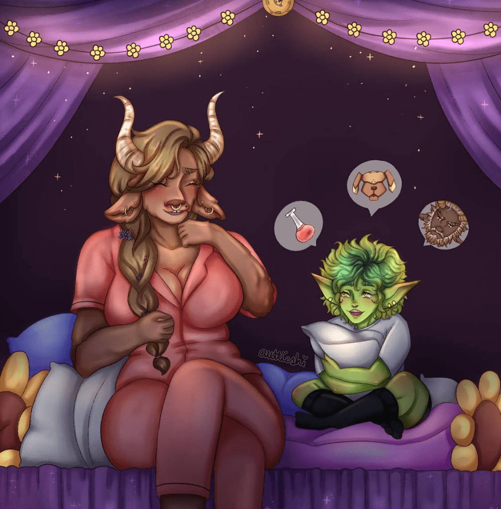 A goblin with big hair and a minotaur seated on a loveseat in a tent under the stars.