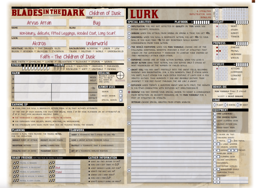 Arvus Arran Lurk Character Sheet
