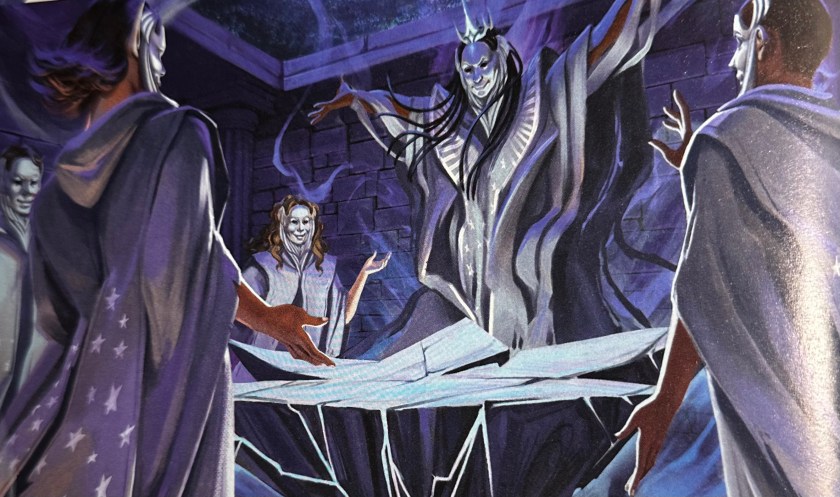 A magic joining ritual for one of the factions. Five masked individuals gather around an altar, gesturing elaborately.