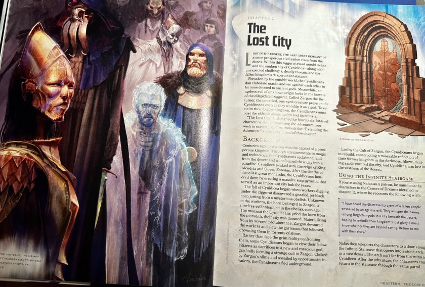 The opening illustration and first page of the Lost City. The illustration depicts a number of people wearing different masks and a ghost.