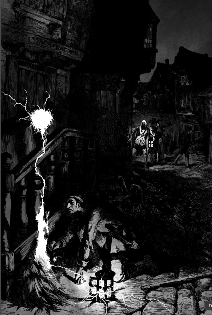 An Eldritch ball of light being released or cpatured by a crouching person in the foreground. Several scoundrels with a lantern in the background.