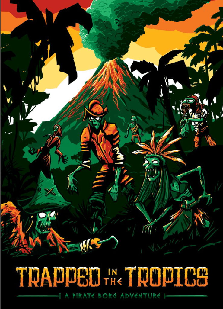 The cover of trapped in the tropics. undead in a jungle with a smoking volcano in the background