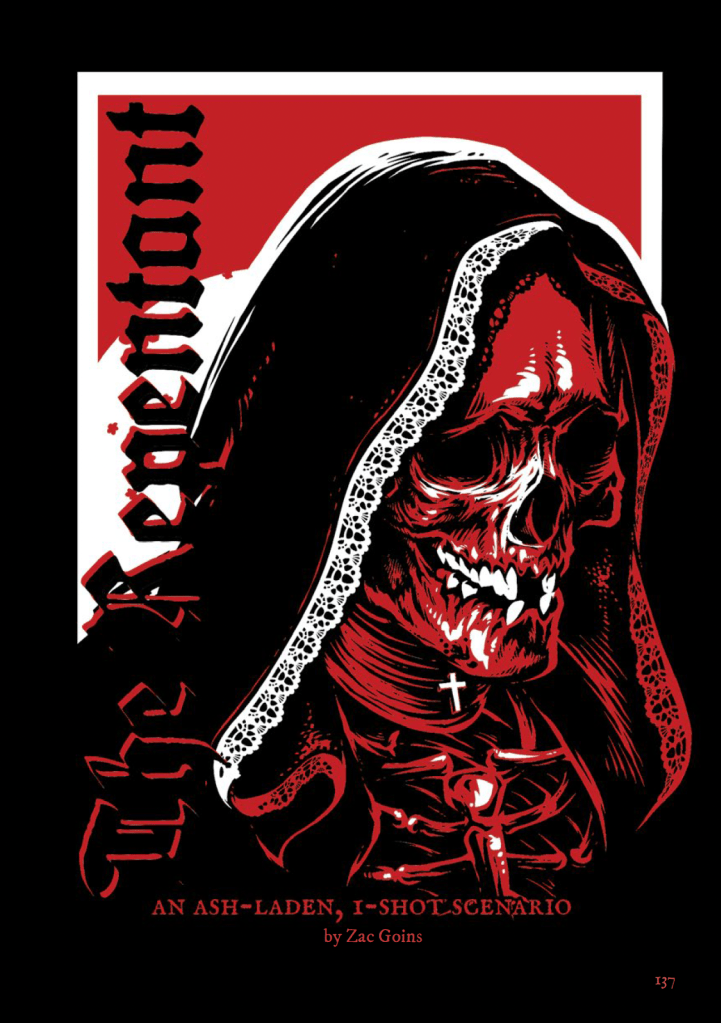 The main illustration for the adventure, "the Repentant." A skeletal head in a hood with a cricifix around at its throat. All in red, white and black.