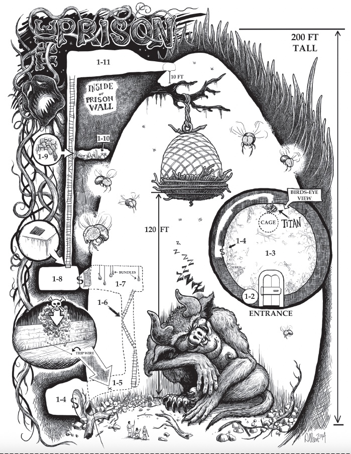 A cutaway map of the inside of the oval shaped prison depicting the titan sleeping at the bottom, the cage hanging from the top and the insides of the walls.