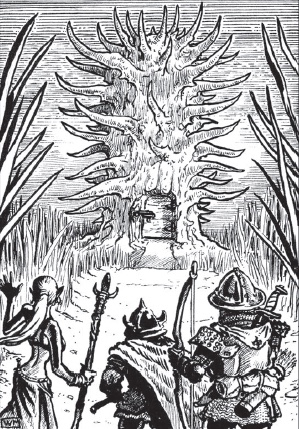 A massive tree-stump shaped building with lots of branch-like spikes sticking out all over it. Adventurers creep through the wilderness 