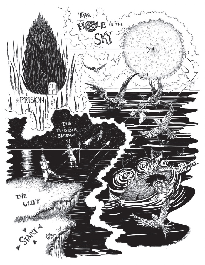 A scenario map, showing the cliff side it starts at, the encounters on the invisible bridge, the hole in the sky and the dimensional prison.