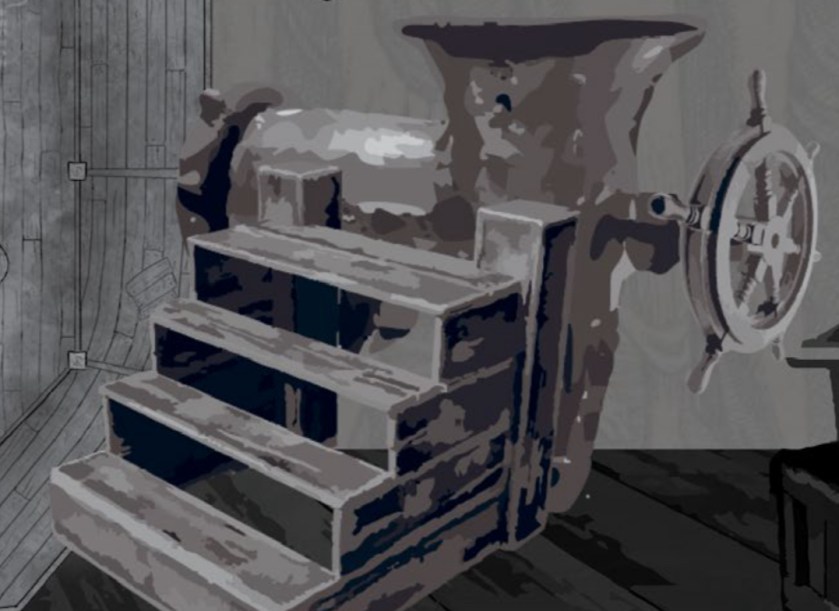 The ASH grinder. Looks like a meat grinder, with a big funnel on top, a mincer on one side and a cranking wheel on the other. Has steps up to allow you the zombies to feed themselves into it.