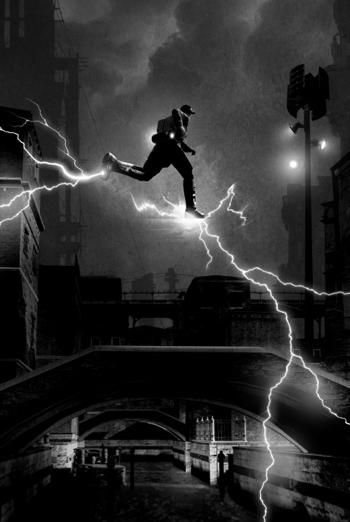 A person "walks" through the air above the darkened city,seemingly on lightning bolts emanating from their feet.