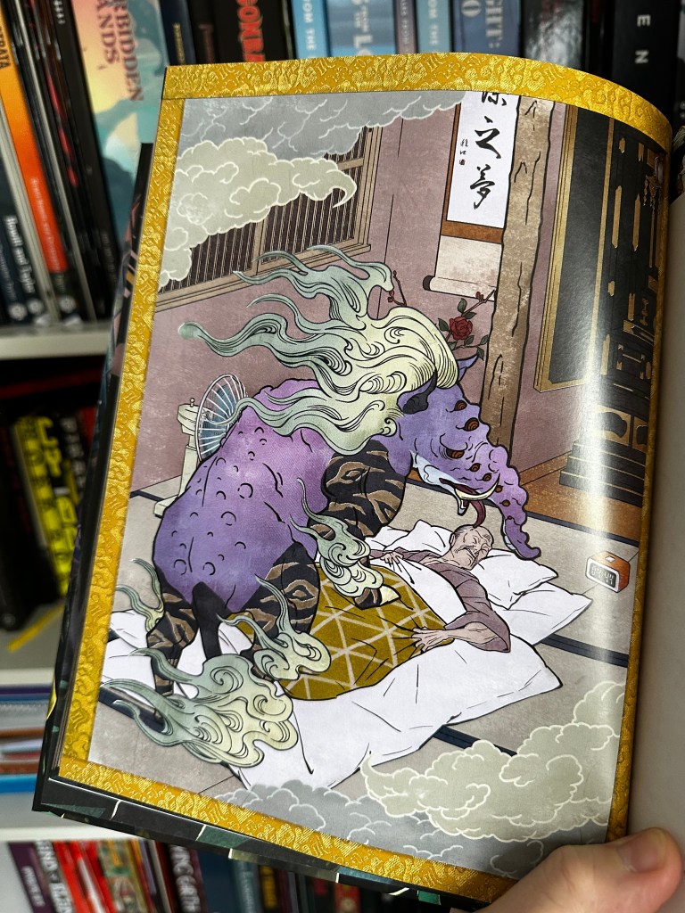 The baku, a big, purple, tapir-like creature, feeding on a n old man who is sleeping on a futon in a tatami room.