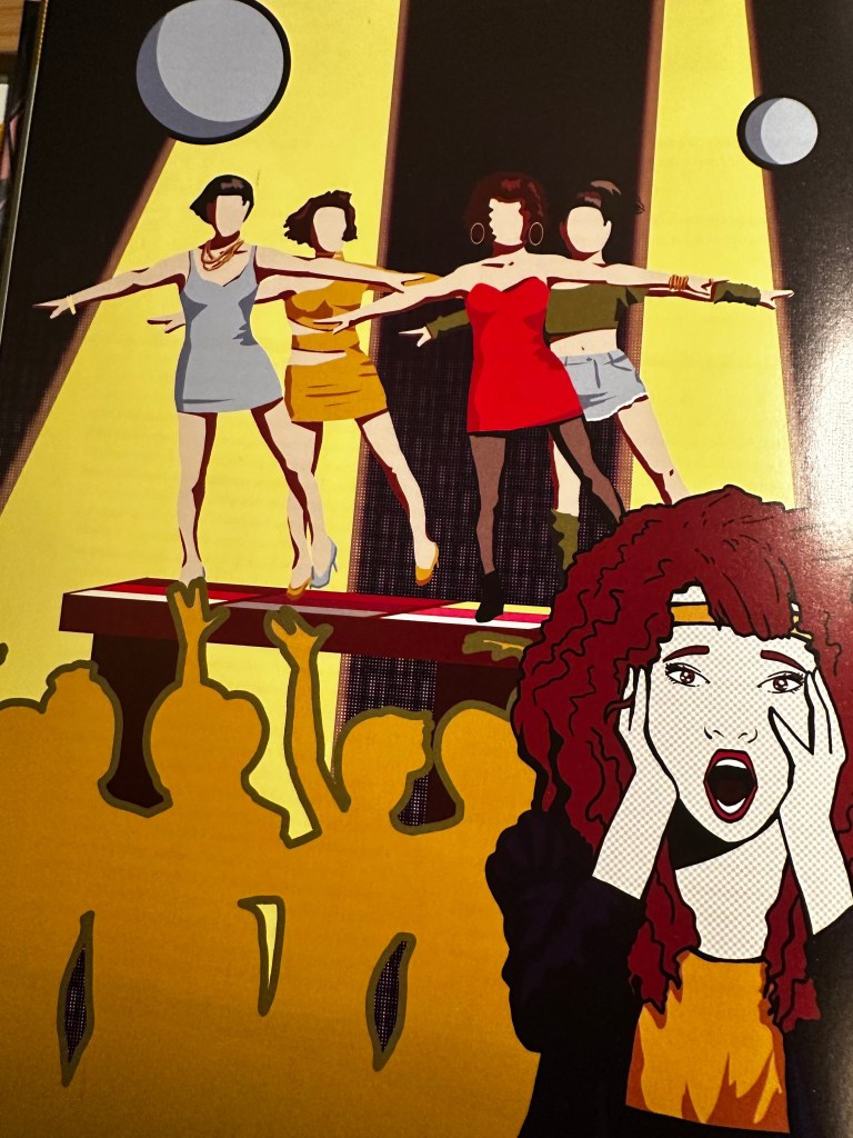 Four faceless dancers in short dresses dance on a nightclub stage while one woman freaks out in the front.