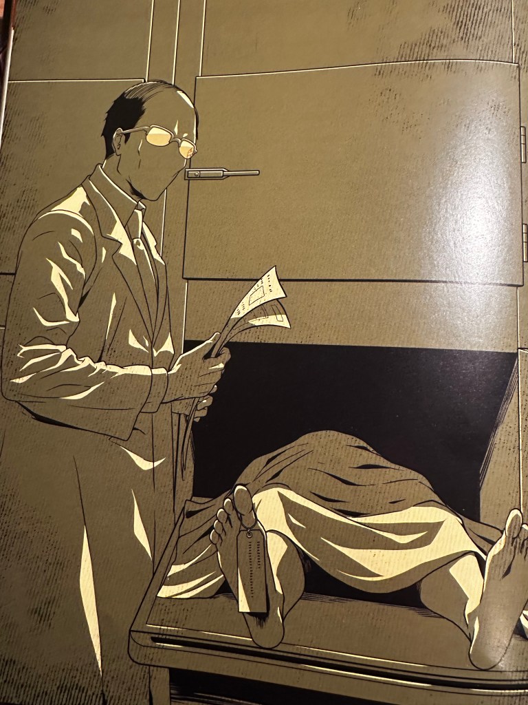 A medical examiner stands by a body in a morgue freezer. The doctor has not face but wears glasses.