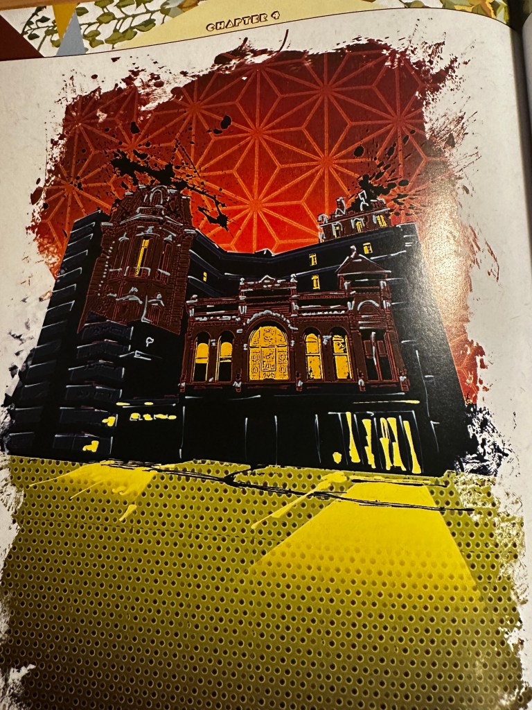 The psychiatric hospital transformed into Chateau Carcosa. It is a scary blak edifice. There is a stylised red sky above and a yellow ground below, representing Carcosa