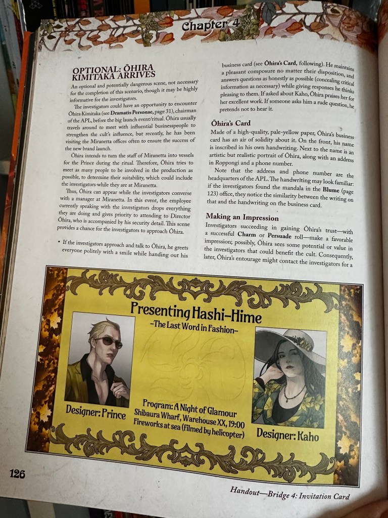 The page of the scenario that includes an image of the invitation to the event/ritual that will launch the new fashion brand and summon the Pale Prince.