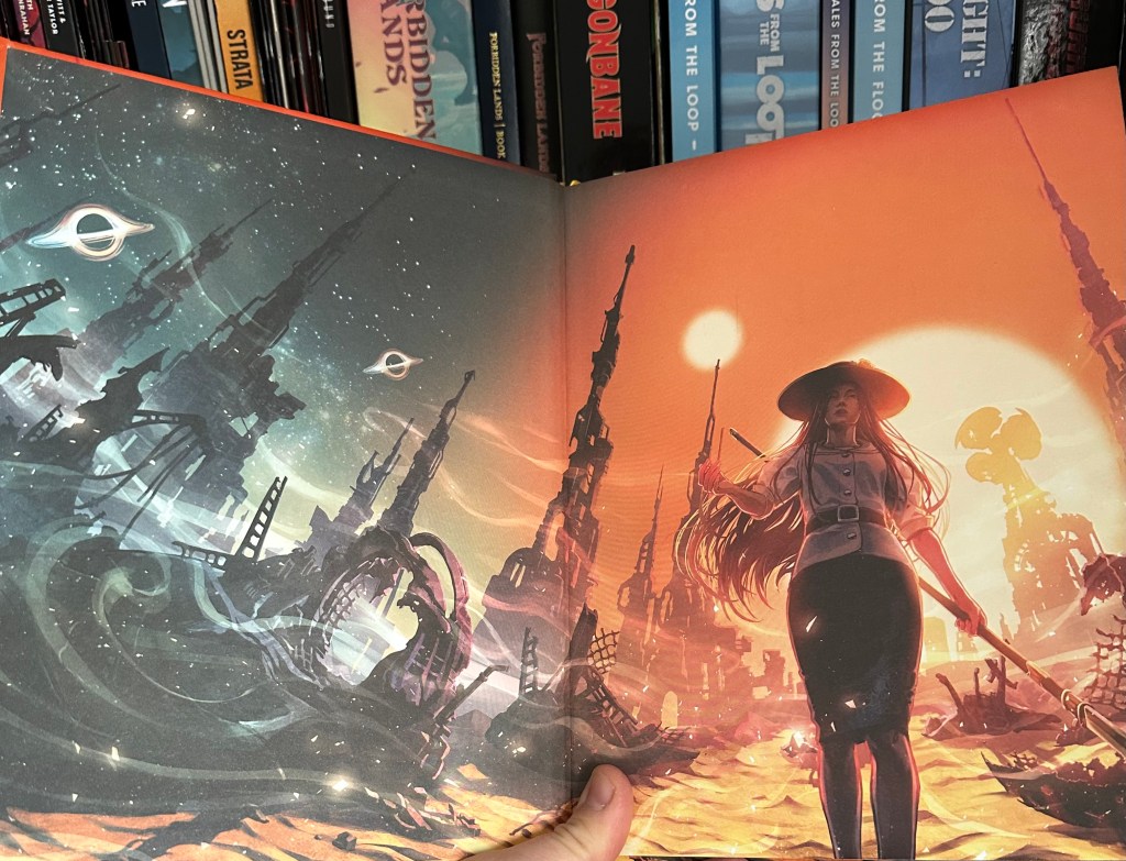 On the right a woman in a pointed straw hat walks towards us with the two suns of Carcosa behnd her. In the left the darkened ruins of a city with an alien sky behind