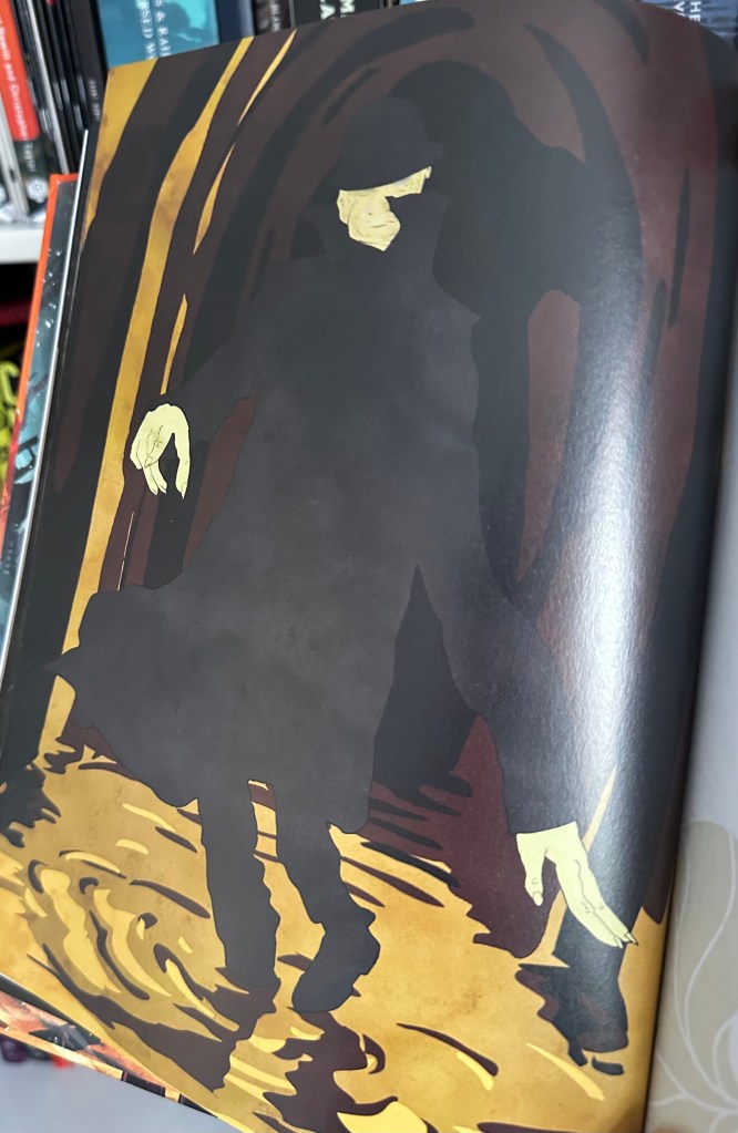 Minoru's true form. A man dressed in a grey coat and hat, with pale skin and unnaturally long arms.