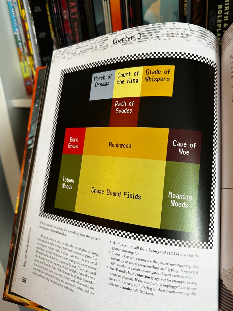 The "map" of Wonderland is a more-or-less rectangular area separated into rectangles of different sizes and clours with the anmes of each are on them