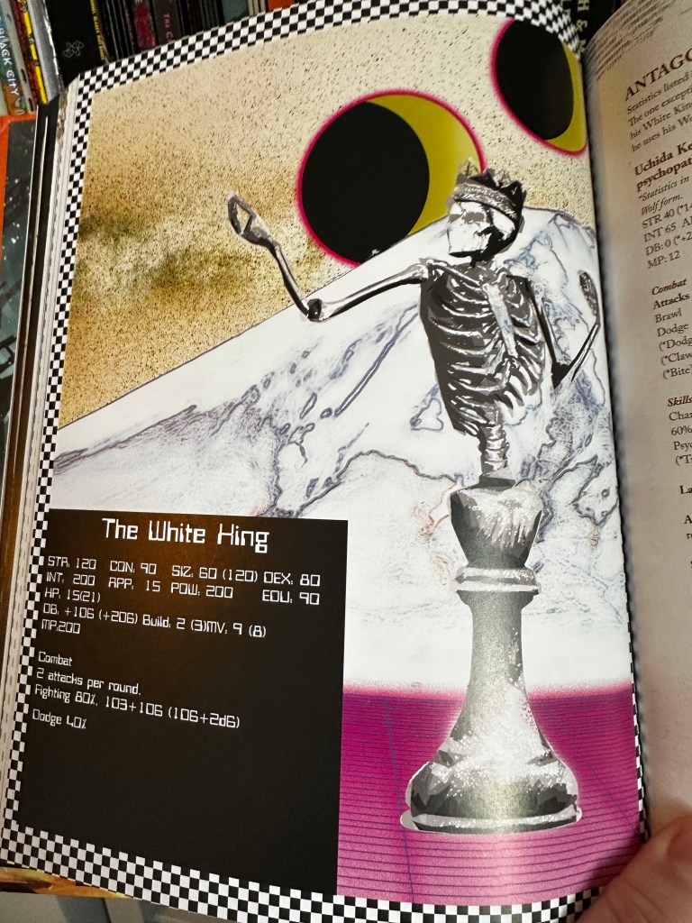 The White King is illustrated here as a chess piece with a skeletal head, arms and torso in front of a background of a mountain with twin moons rising behind it.