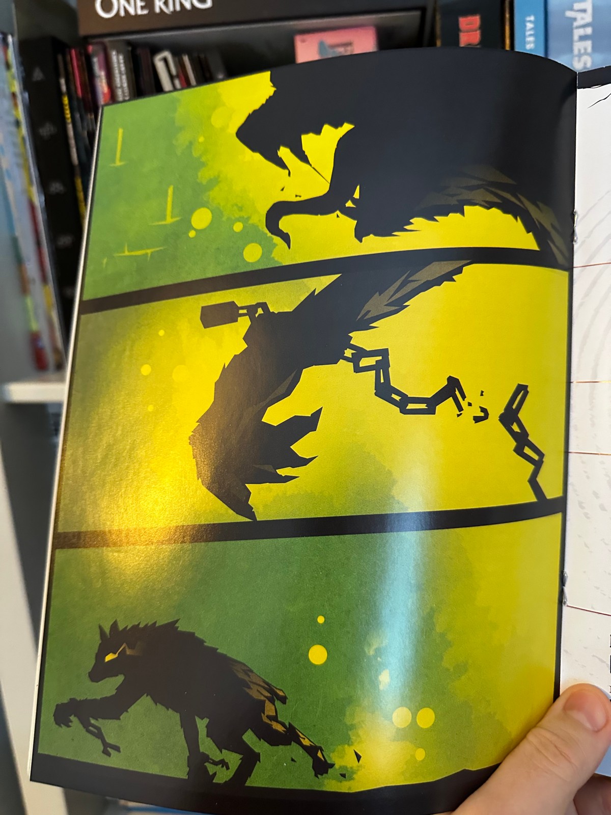 Jailbreak art - three panels of a gnoll breaking his chains