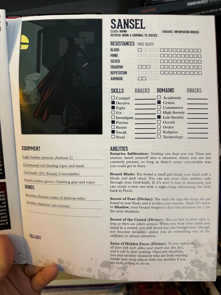 Character Sheet for the pregenerated Bound character, Sansel from the Spire Quickstart Guide.