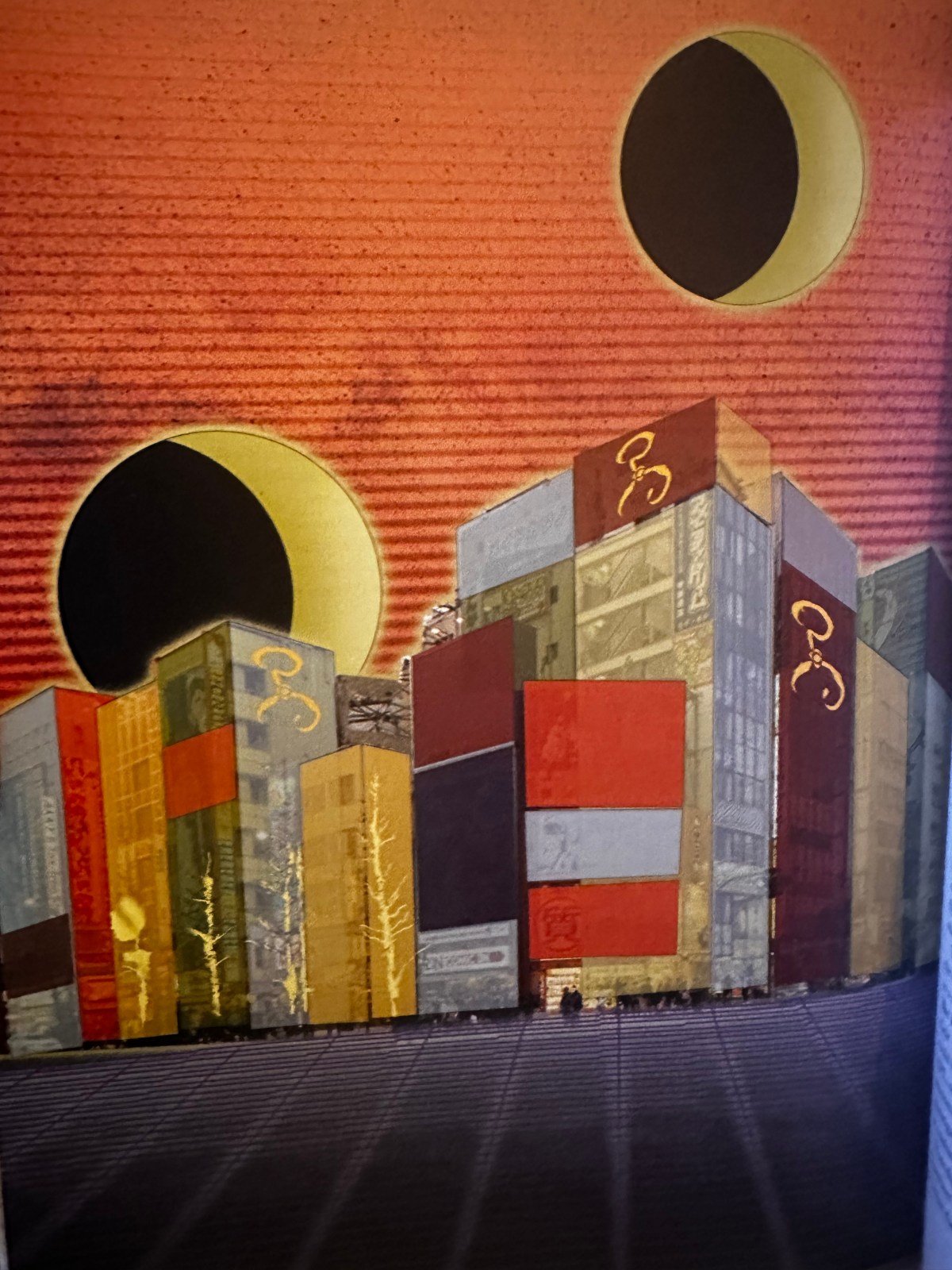 The illustration for the Fixer scenario. Two stylised moons hang in a red sky above a city adorned with the sigil of the Prince of Pale Leaves.