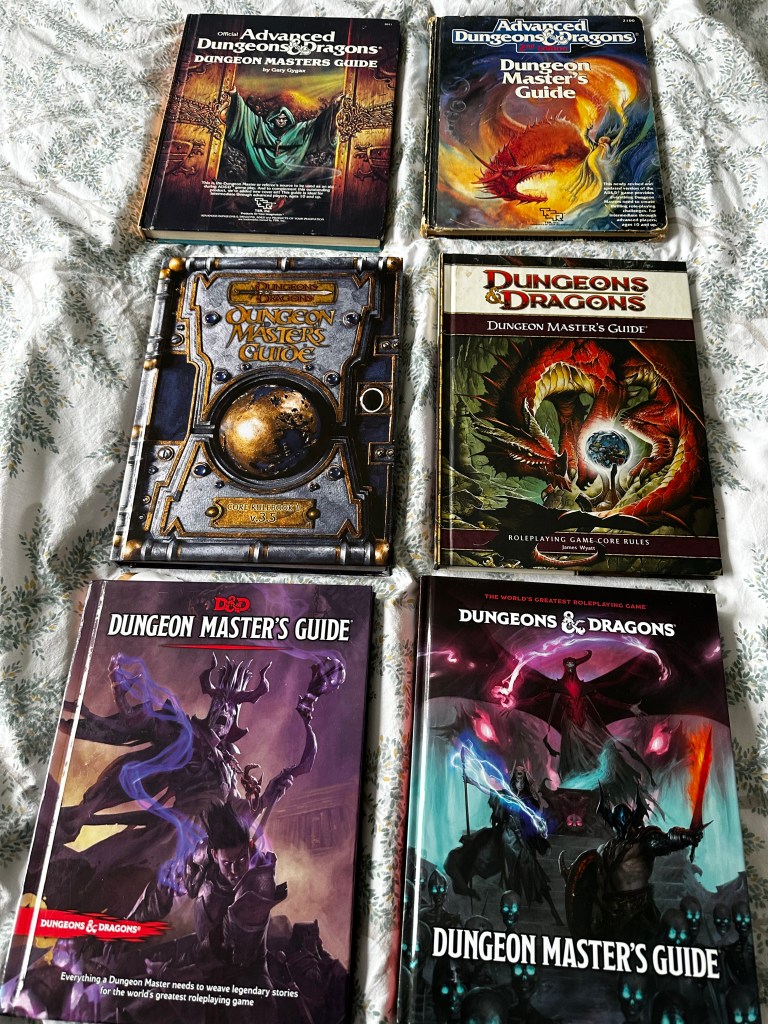 The covers of the DMGs from AD&D 1st Ed, 2nd Ed, 3.5E, 4E and 5E 2014 and 2024