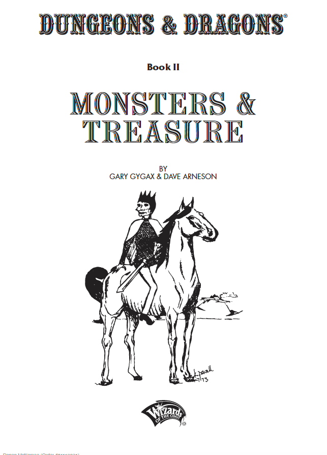 The cover of the OD&D Monsters and Treasure book. It has a man on a horse drawn crudely in black and white on it
