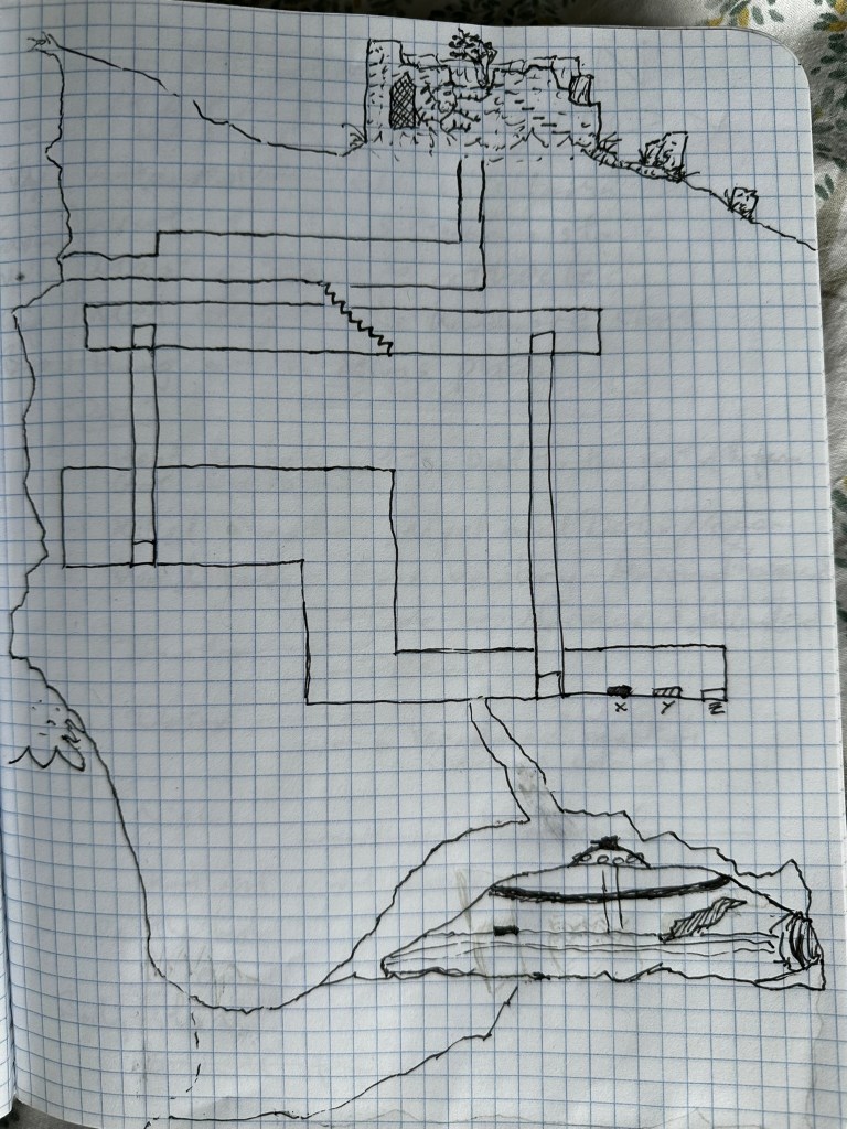 My dungeon - six levels including the ruined tower on the surface and the sea cave at the bottom with the flyig saucer crashed in it.