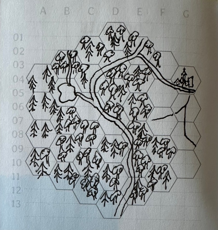 A hex map in a hex-flower shape. It has letters from A to G along the top and numbers from 01 to 13 along the left hand side. There is a town in G-04 with a river flowing south and through it. a road goes from the town southeast and off the map. Another branches off into the forest that takes up the rest of the hex map. In the forest there is a lake B-05 and river winding south through the trees.