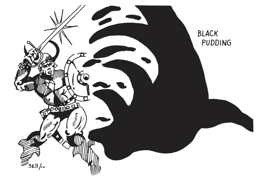 An image of an inkblot that the text ells us is a Black Pudding attacking an armoured man who wields a sword and shield.