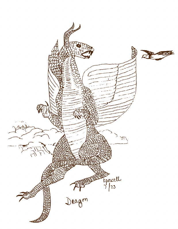 A crude line drawing of a dragon with a bird flying at its face
