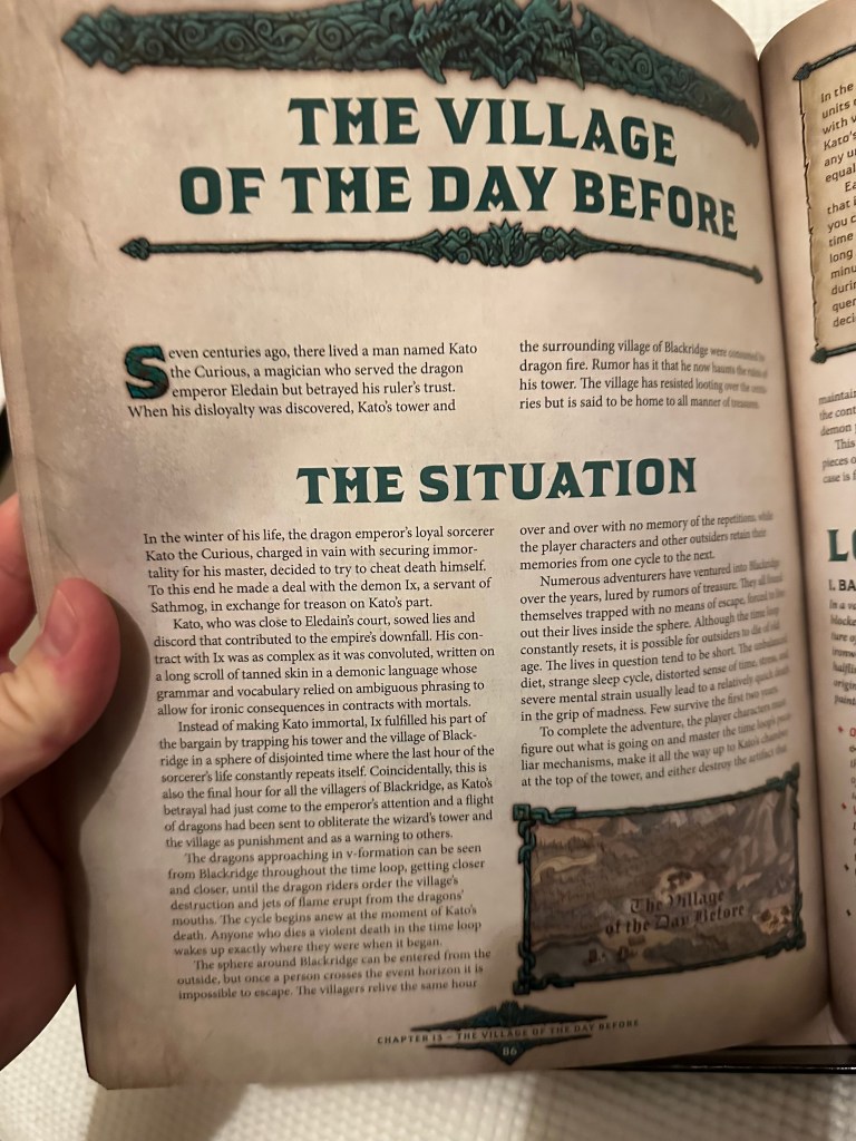 The opening page of the Village of the Day Before Advenure from the Dragonbane boxed set