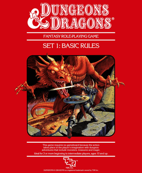 The cover of the D&D Basic Set, red box. It has a picture of a guy in a horned helmet fighting a red dragon with his sword and shield.