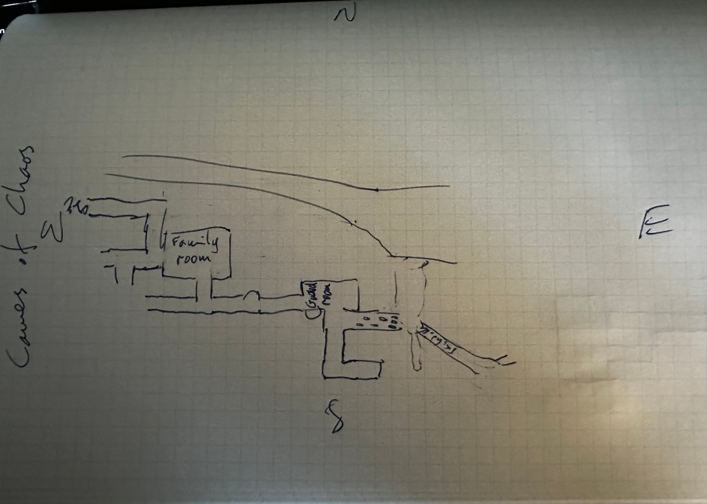 A map drawn with pen on graph paper. It shows a wide canyon and a caves sytem where the goblins live.