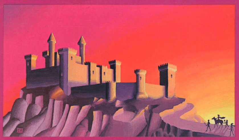The image of the Keep on the Borderlands on the back cover of the adventure, showing a large keep at sunset, a group of adventurers running up the road towards it.
