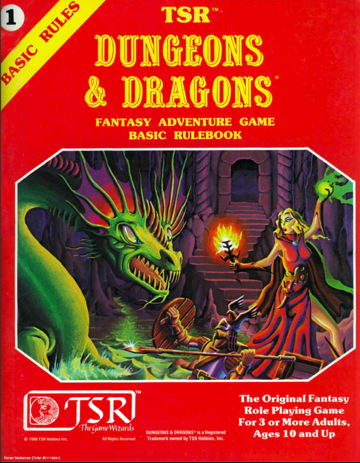 Basic D&D Basic Rulebook - red cover with a magic user and a fighter battling a serpentine, green, sea monster in a dungeon.